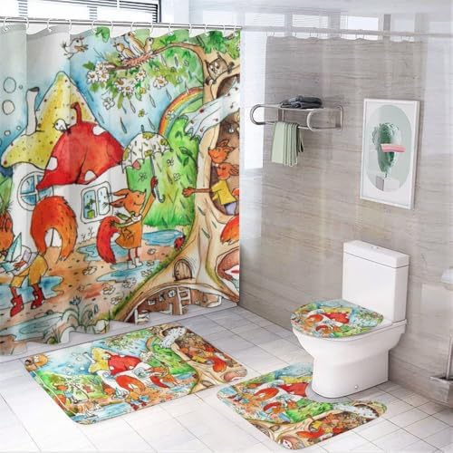 Kuizee Forest Animals Shower Curtain Set with 4 Bath Rugs