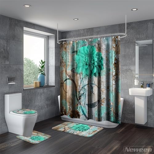 Neween 4 Pcs Green Flower Bathroom Set