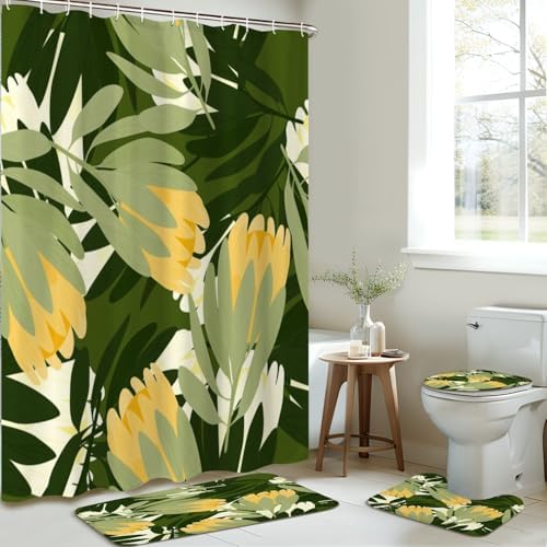 4 Piece Botanic Floral Shower Curtain Set with Rugs