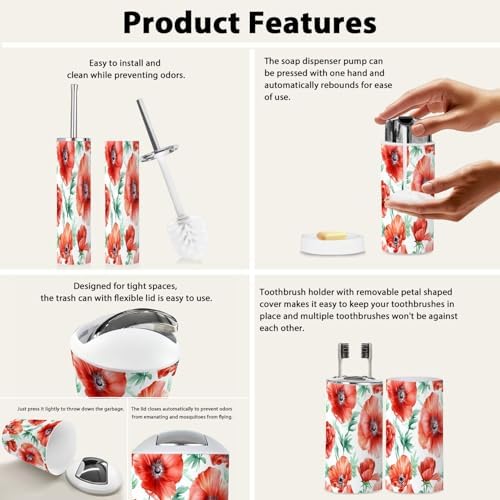 Boho Red Flowers Bathroom Accessory Set 6 Piece