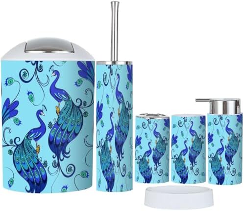 Modern Blue Magic Peacocks Bathroom Accessories Set 6 Pcs