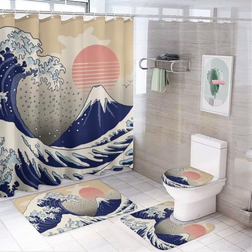 Kuizee 4 Piece Japanese Wave Shower Curtain Set with Non-Slip Mats