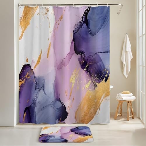 4 Piece Shower Curtain Set with Rugs and Toilet Lid Cover Mat