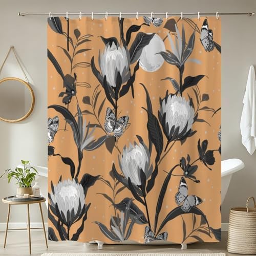JCOOKLOFTS 4 Piece Shower Curtain Set Retro Black Grey with Night Stars