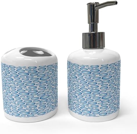 Ambesonne Geometric Soap Toothbrush Holder Set Retro Blue Ceramic 2 Pcs