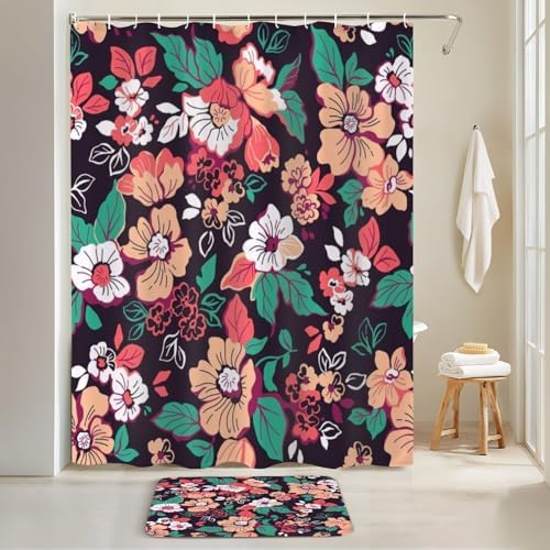 4 Piece Shower Curtain Set with Rugs Mats and Floral Pattern