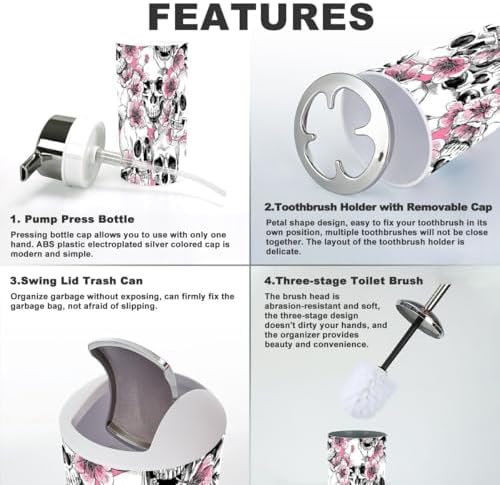 6 Pcs Bathroom Accessories Set Skull Flowers Toothbrush Holder Soap Dispenser