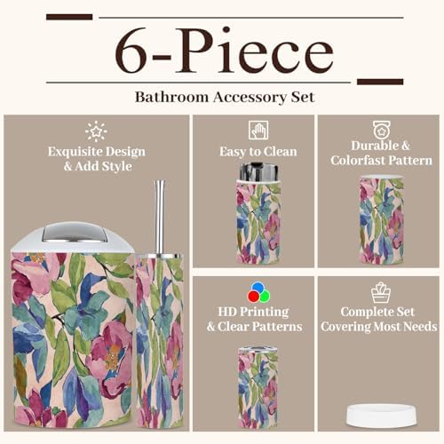 6-Piece Boho Bathroom Accessories Set with Tropical Flowers