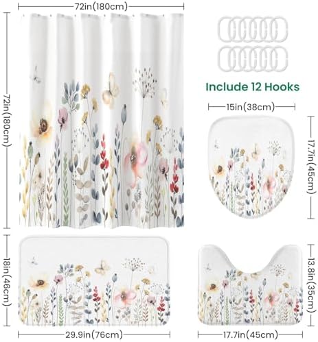 JCOOKLOFTS 4 Piece Shower Curtain Set with Rugs