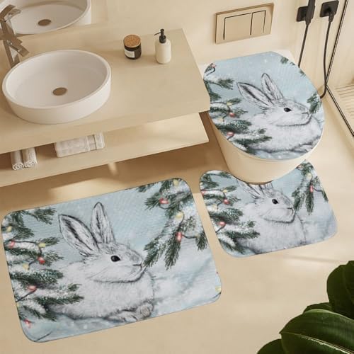 Kuizee 4 Piece White Hare Snow Shower Set with Rugs and 12 Hooks