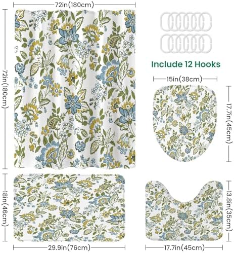 4 Piece Shower Curtain Set with Rugs and Toilet Lid Cover