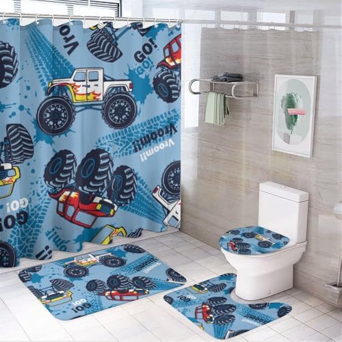 Kuizee 4-Piece Monster Truck Shower Curtain Set with Rugs and 12 Hooks