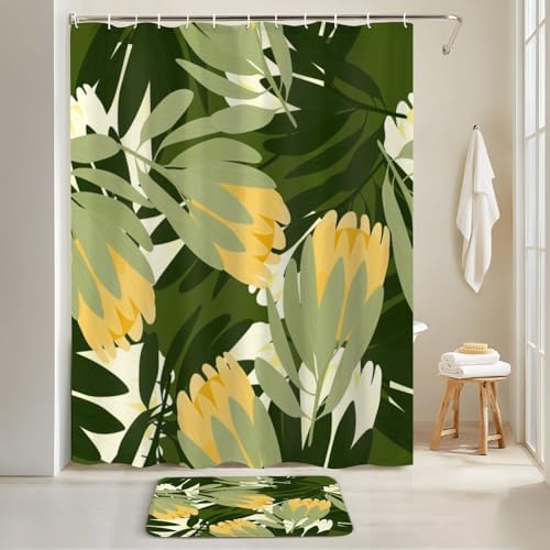 4 Piece Botanic Floral Shower Curtain Set with Rugs