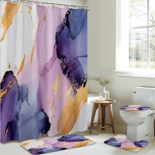 4 Piece Shower Curtain Set with Rugs and Toilet Lid Cover Mat
