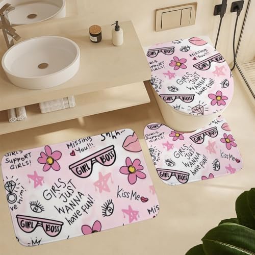Kuizee 4-Piece Shower Curtain Set with Pink Flower Doodle Rugs