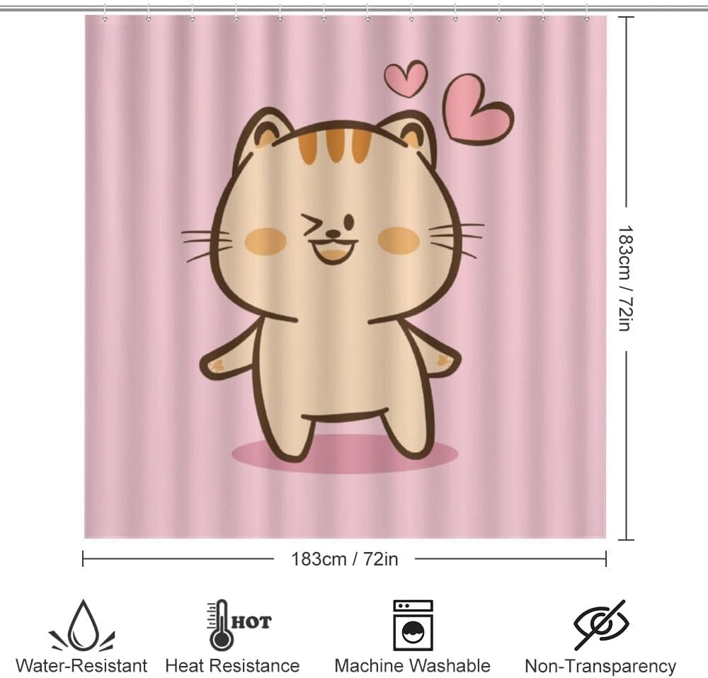 Kuizee 4-Piece Cute Cat Rabbit Shower Curtain Set with Non-Slip Rugs