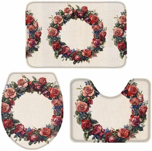 Wotrend Spring 3 Piece Bath Rug Set Red Rose Wreath