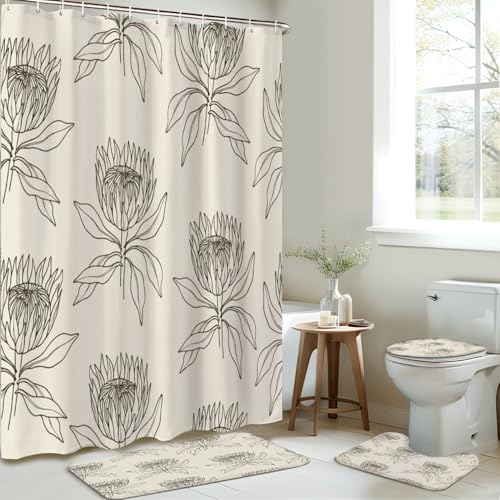 JCOOKLOFTS 4-Piece Shower Curtain Set with Mats