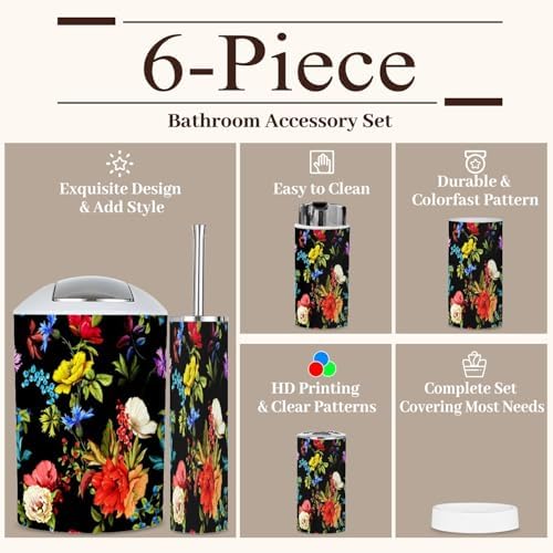6 Piece Boho Bathroom Accessories Set with Flowers