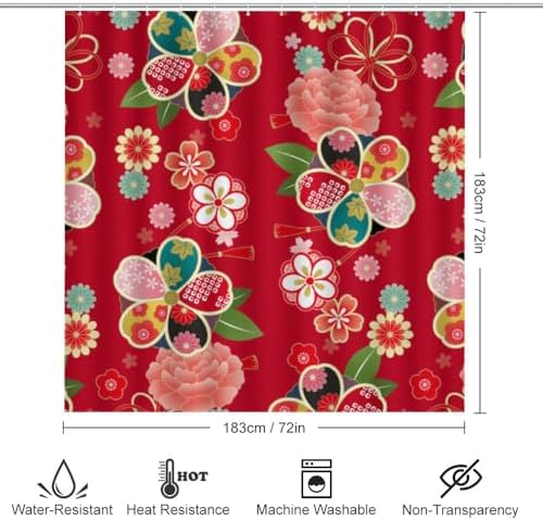 Kuizee Retro Japanese Red Shower Curtain Set with 4 Pieces Non-Slip Rugs