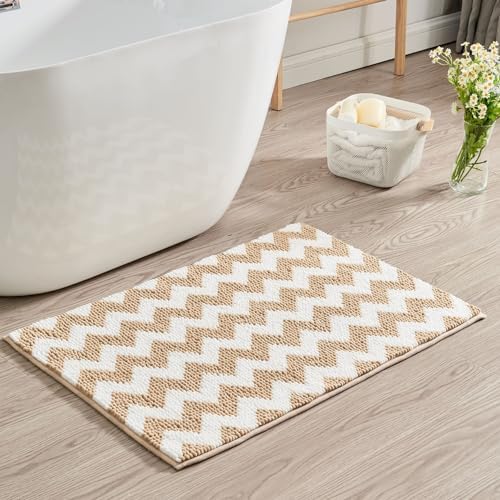 CozeCube Chenille Bath Rug 48x24 Plush Non-Slip Microfiber Chevron Mat - Beige