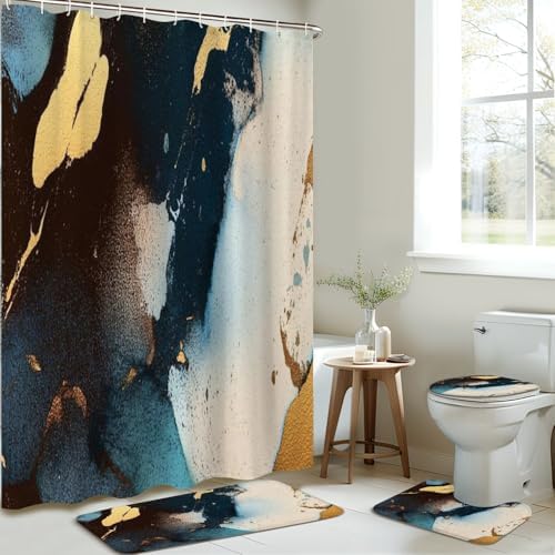 4 Piece Luxury Shower Curtain Set with Rugs and Mats