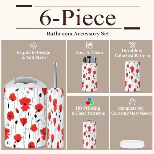 6 Piece Red Flower Bathroom Accessories Set