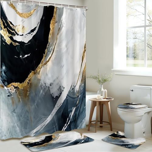 JCOOKLOFTS 4 Piece Shower Curtain Set with Rugs and Mat