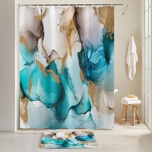 4 Piece Shower Curtain Set with Rugs Mats and Cover