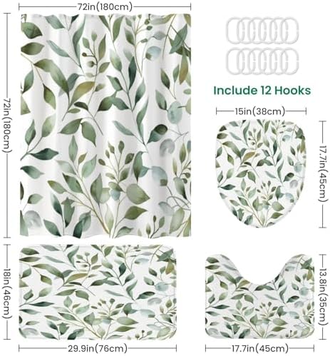 4 Pieces Shower Curtain Set with Rugs and Mats Abstract Flower Design