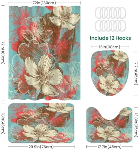 4 Pieces Shower Curtain Set with Non-Slip Rugs