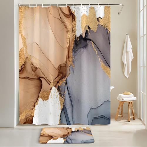 4 Piece Shower Curtain Set with Rugs Mats and Lid Cover 1