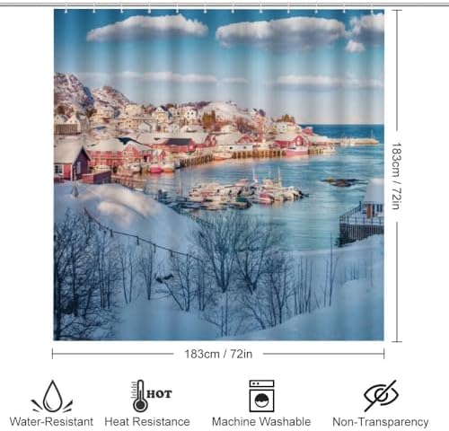 Kuizee 4 Piece Winter Scene Shower Curtain Set with Rugs and 12 Hooks