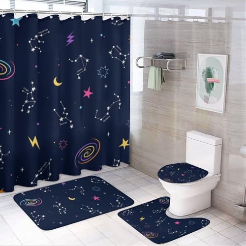Kuizee 4-Piece Shower Curtain Set with Rugs - Zodiac Constellation Design