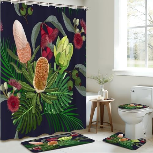 4 Pieces Shower Curtain Set with Rugs and Toilet Lid Cover