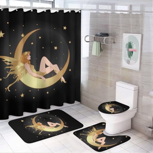 Kuizee 4-Piece Shower Curtain Set with Non-Slip Rugs and Hooks