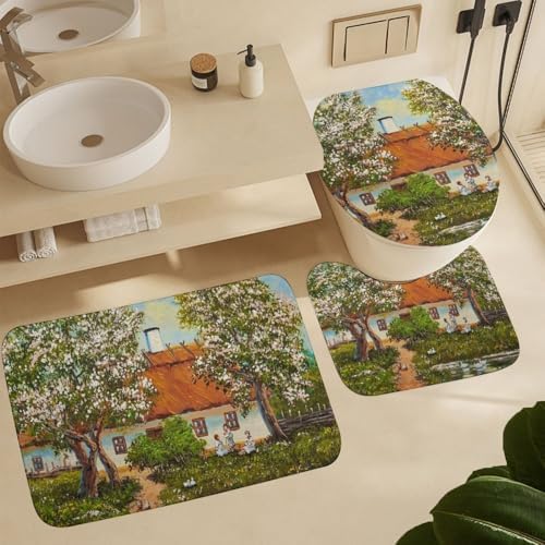 Kuizee 4-Piece Rural Landscape Shower Curtain Set