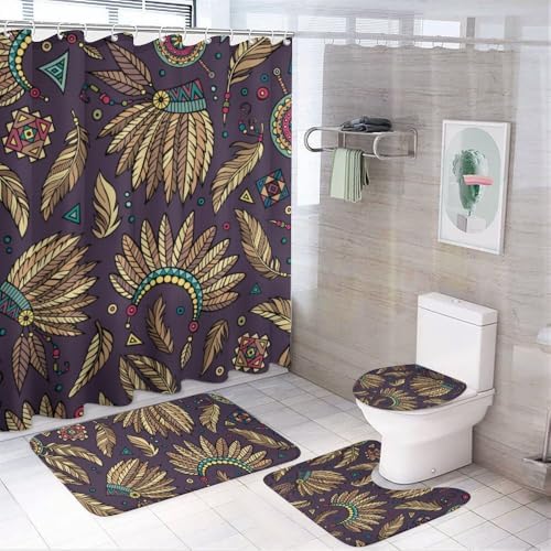 Kuizee 4-Piece Shower Curtain Set with Non-Slip Rugs