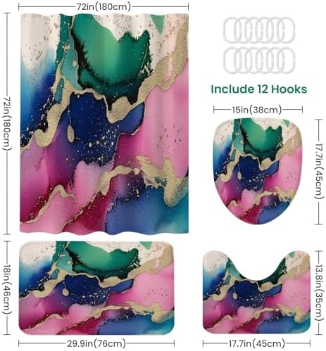 4 Piece Shower Curtain Set with Rugs and Non-Slip Mats