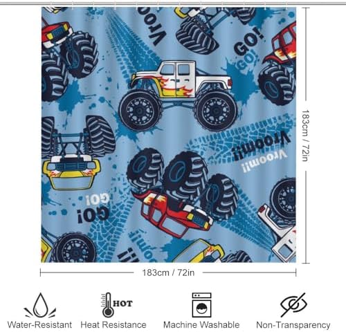 Kuizee 4-Piece Monster Truck Shower Curtain Set with Rugs and 12 Hooks