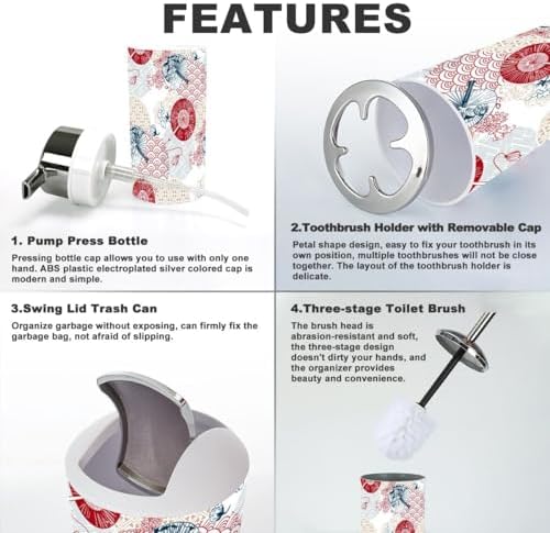 6pcs Bathroom Accessories Set Red Blue Fans Flower Japanese Design