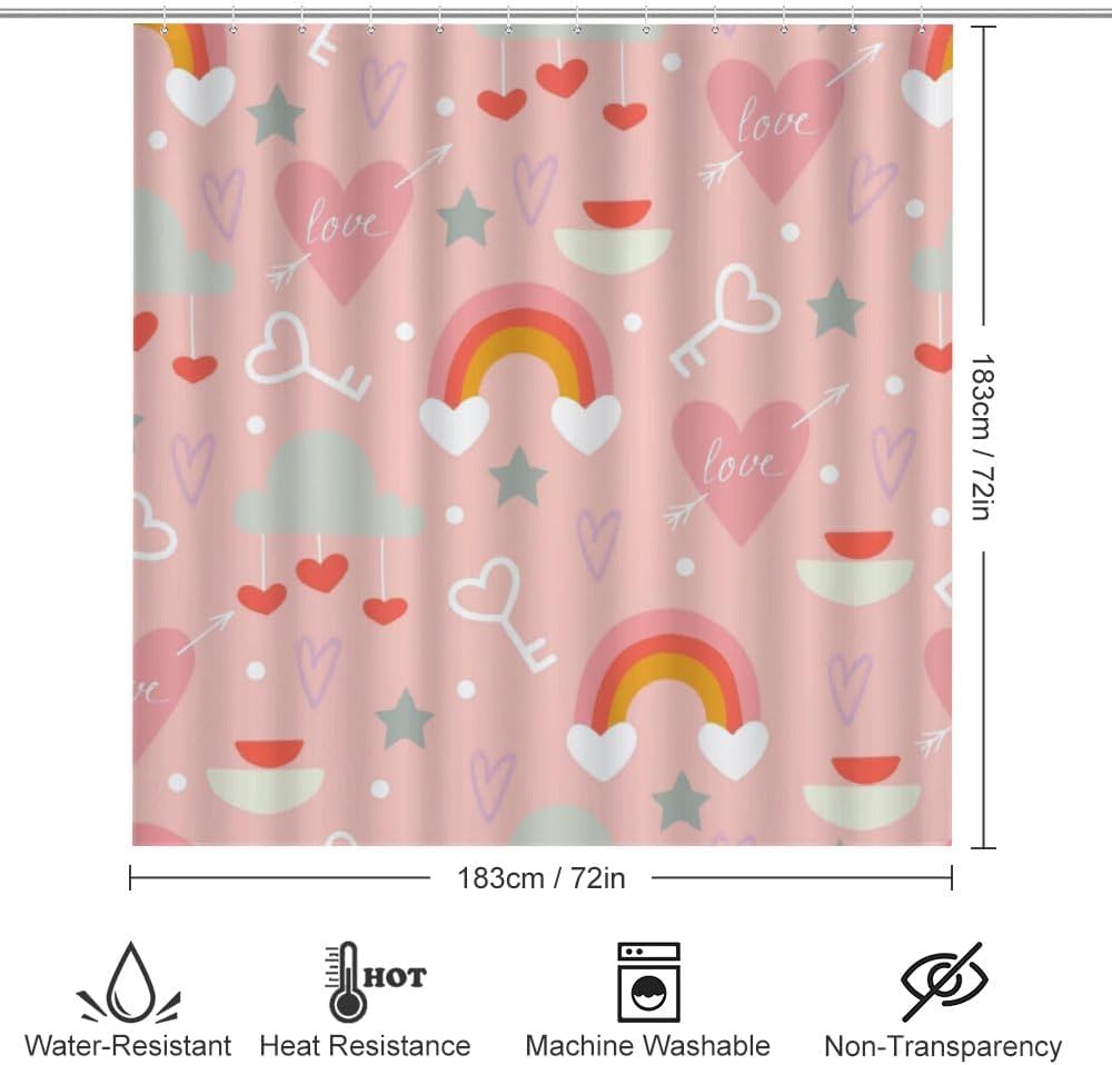 Kuizee 4-Piece Shower Curtain Set with Rugs - Happy Valentine Pink