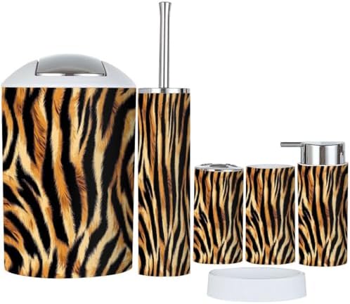 TRANQDEHOM 6-Piece Boho Tiger Skin Pattern Bathroom Accessory Set