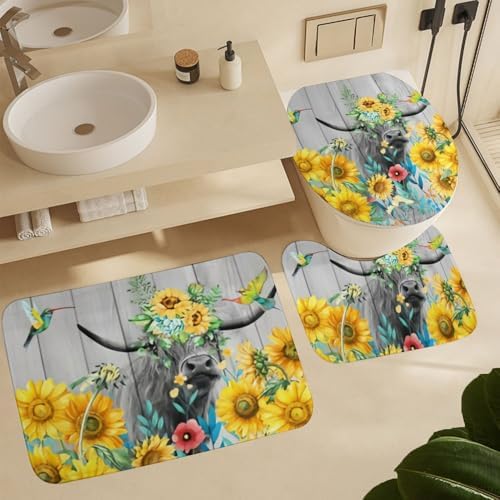 Kuizee 4-Piece Sunflower Bath Set with Shower Curtain and Rugs