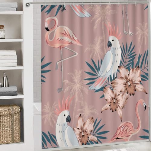 Kuizee Tropical Pink Flamingo Shower Curtain Set with Rugs 4 Pieces
