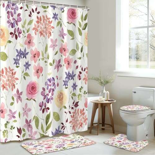 4-Piece Shower Curtain Set with Rugs and Mats