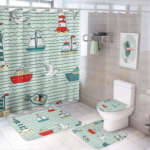 Kuizee 4-Piece Shower Curtain Set with Non-Slip Rugs and Lighthouses Design