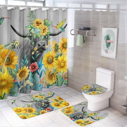 Kuizee 4-Piece Sunflower Bath Set with Shower Curtain and Rugs