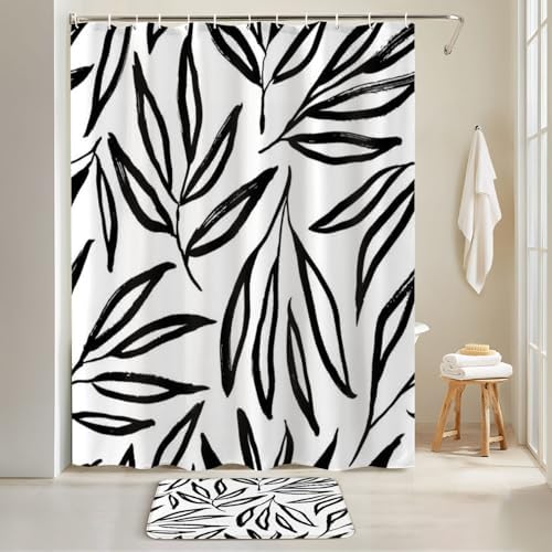4 Piece Shower Curtain Set with Rugs Mats and Lid Cover