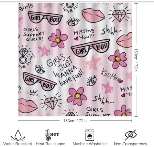 Kuizee 4-Piece Shower Curtain Set with Pink Flower Doodle Rugs